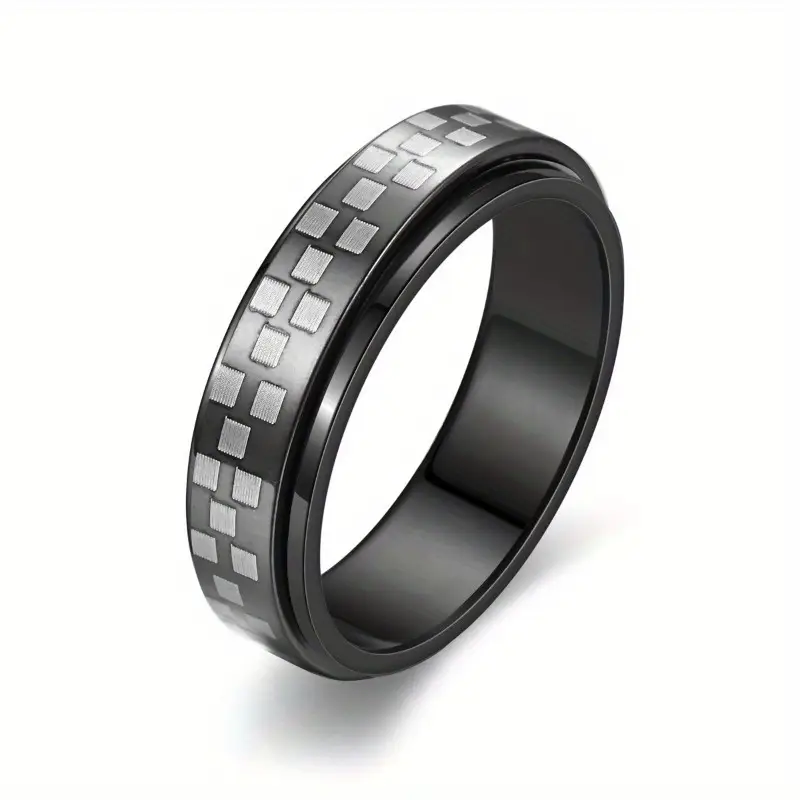a stylish new mens ring with a unique european and american design featuring a resistant oil coated rotatable small checkered mosaic pattern its a versatile accessory durable and suitable for everyday wear or as a gift Product details 5