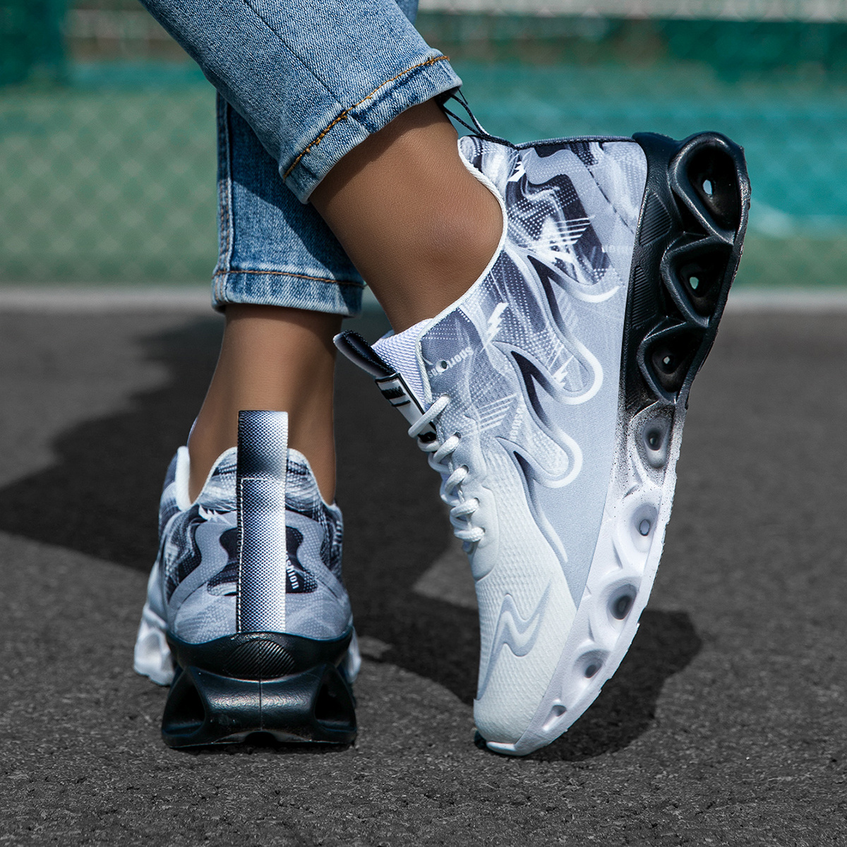 TEMU Sneakers, Women's Lightweight Gradient Printed Athletic Platform Shoes, Full Air Circulation Perforated Mesh Fabric, Hollow Segmented Shock