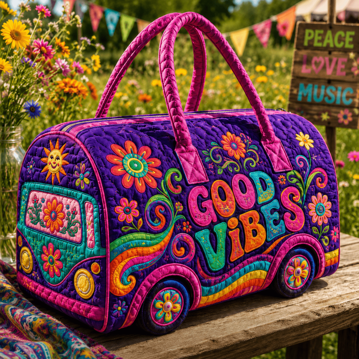 Image of Camping Quilted Travel Bag Colorful Hippie Van Print Large Capacity Travel Bag Lightweight Weekend Overnight Bag For Women