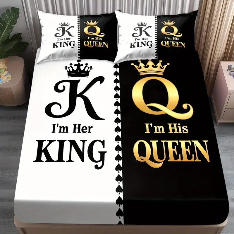king queen print bedding set 3pcs soft cozy non slip lightweight fitted sheet with elastic corners and matching pillowcases fashion forwad decorations for dorm bedroom apartment hotel idea for christmas birthday gifts Product details 9