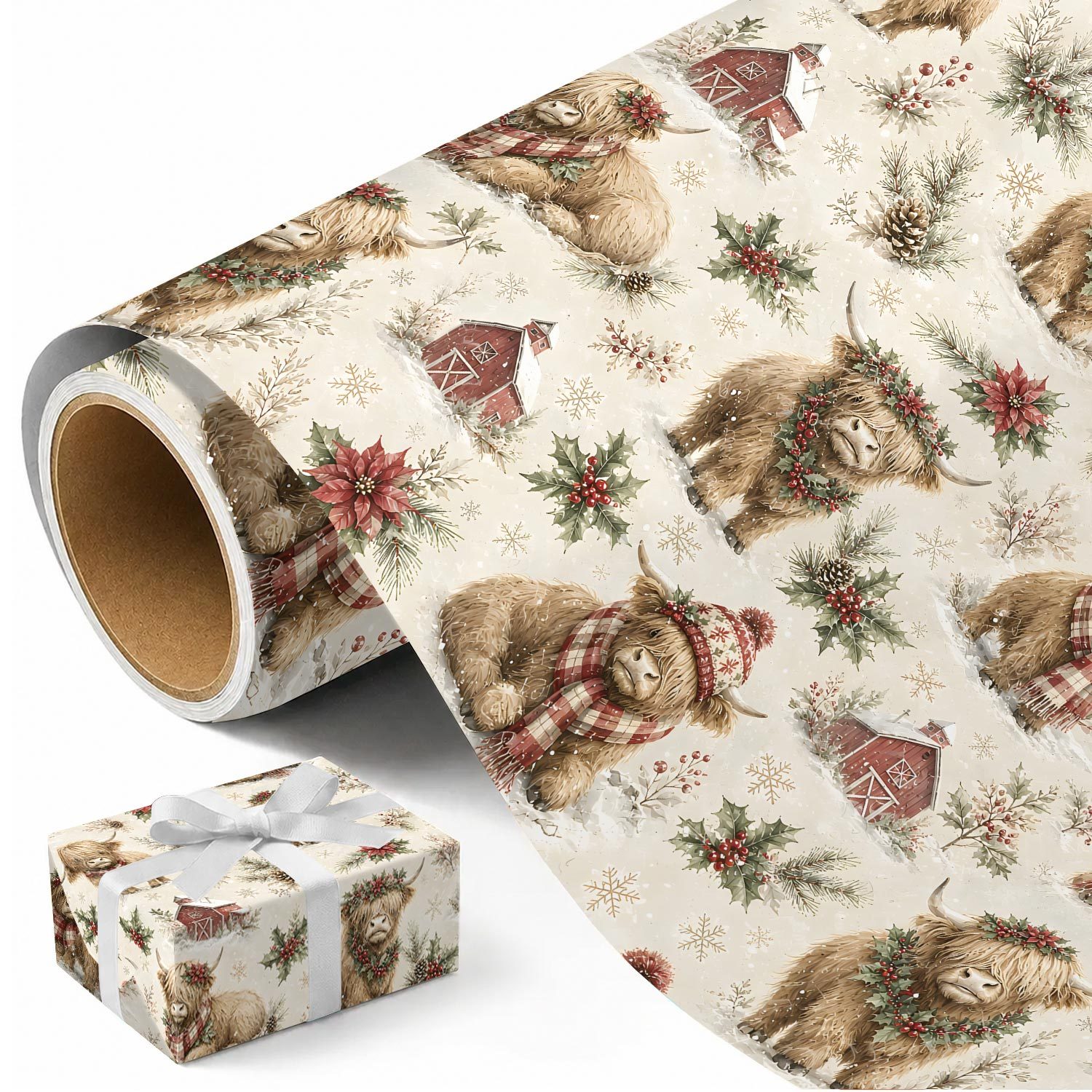 TEMU Rouleau de de Noël - 17,7 pouces x 118 pouces, papier d'emballage avec motif de vache Highland d'hiver de style ferme pour cadeaux de Noël,