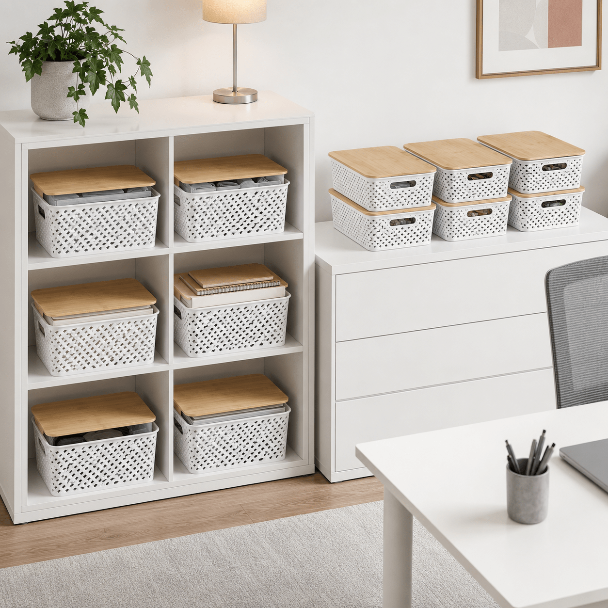 12pcs Storage Boxes With Bamboo Lid, Storage Basket, Stackable Storage Bins, Ideal For Kitchen, Bathroom, Office, Wardrobe
