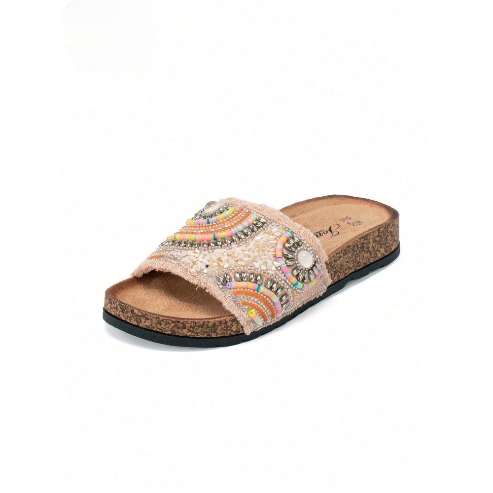 Image of Women's Flat-soled Slippers, Sat Sandals With Thick Soles, Cork Insoles And Gemstone Decorations - Bohemian Style For Summer, Women Shoes