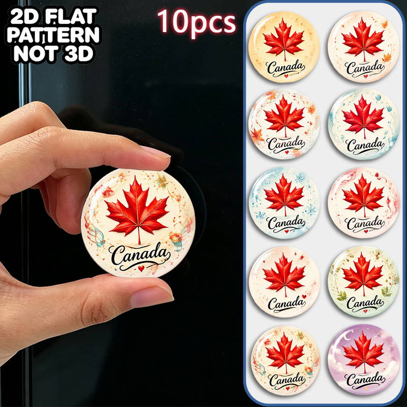 TEMU Lot de 10 aimants de réfrigérateur plats 2D en verre représentant l'emblématique feuille d'érable rouge canadienne avec des artistiques à thème