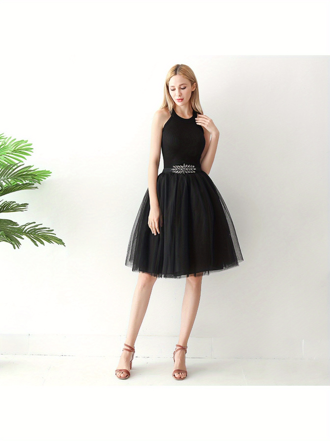 Cocktail Dress Black Tulle Skirt Knee Length Womens High Waisted - Main Image