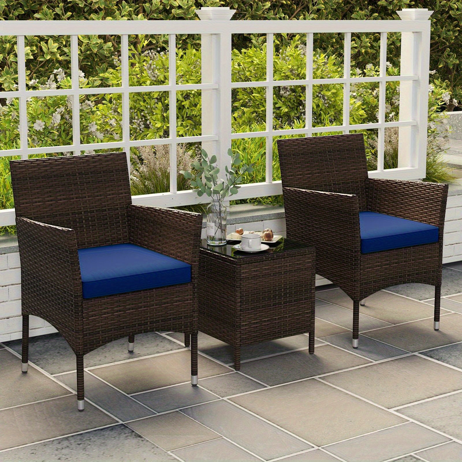 TEMU Multigot 3pcs Patio Pe Wicker Furniture, Outdoor Conversation Bistro Set With Cushions And Tempered Glass Coffee Table, Patio Rattan Chair Set
