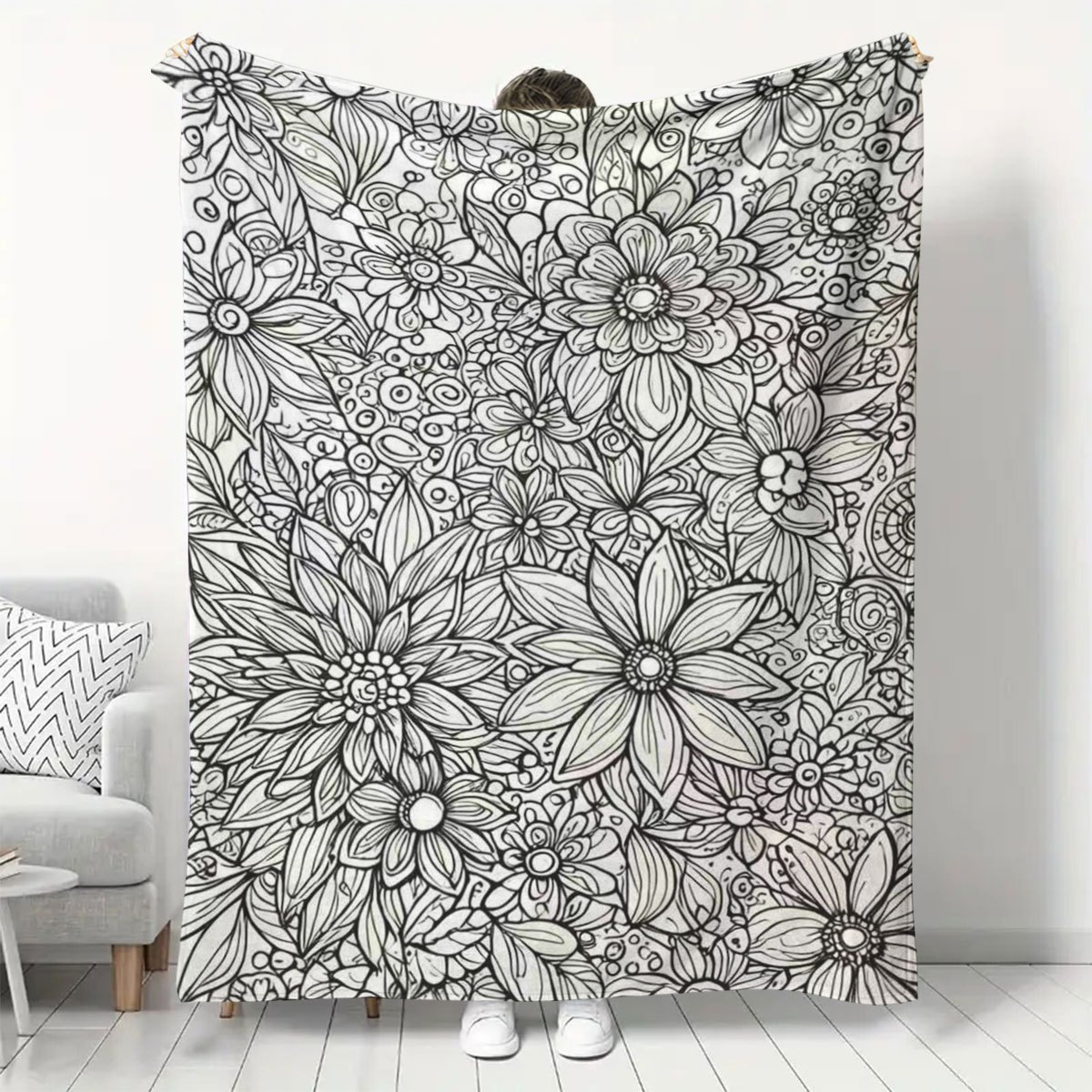 TEMU 1pc Stress-relief Coloring Flannel Blanket, Hand-painted Floral Pattern Diy Coloring Blanket, Home Office Nap Blanket, Creative Interactive
