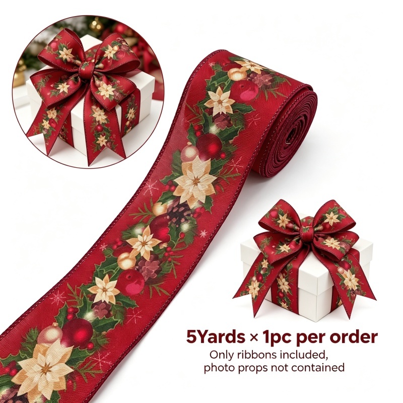 TEMU 5 Yards 2.5 Inch 6.3CM Toile de Jute Bord Filé Ruban de Noël Houx Rouge Boule de Noël pour Décoration de Fête Fabrication de Nœuds Décoration