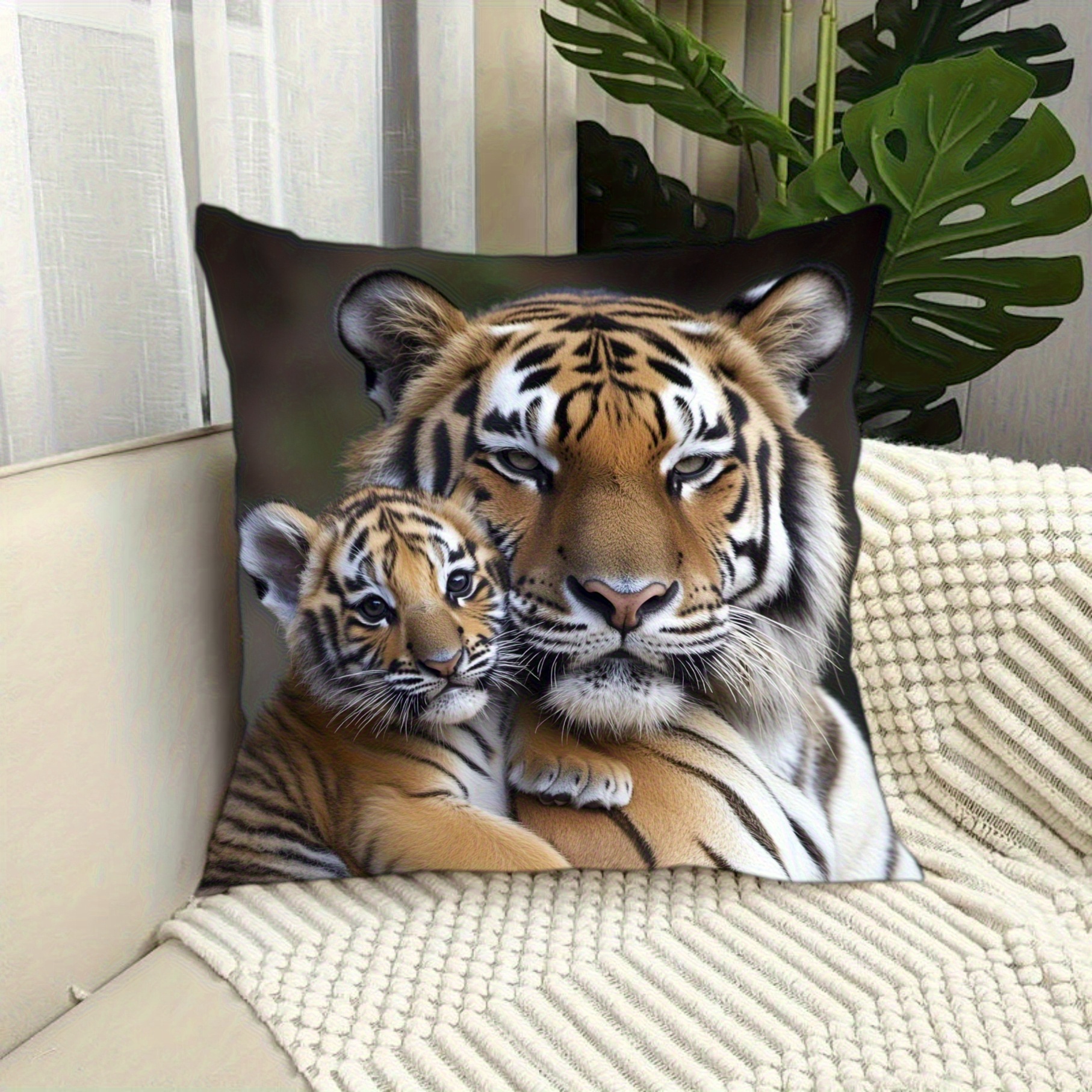 TEMU 1pc Tiger Mother & Cub Print Pillow Cover - Soft Polyester Short Pile, 17.7x17.7 Inch, Machine Washable With Zipper Closure - Contemporary Home