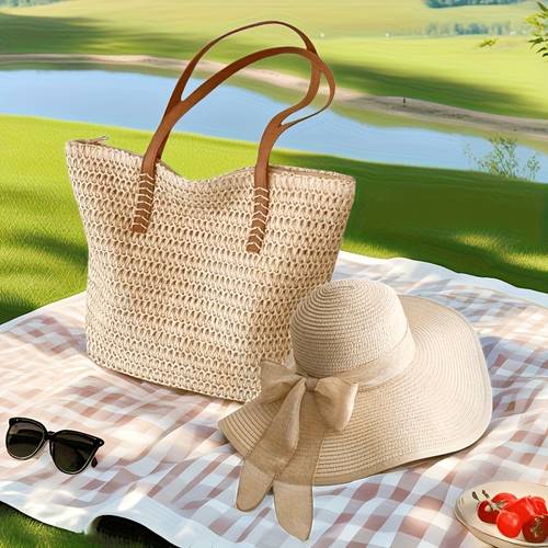 2pcs set straw beach tote bag and straw hat set made of suitable materials travel camping shopping and daily use featuring a zipper closure and polyester straw hat is suitable outdoor activities serving as a casual