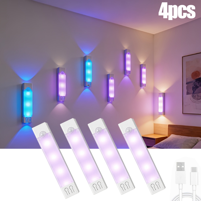 TEMU 4pcs Rgb Motion Sensor Lights, 11cm Usb Rechargeable Magnetic Led Night Lights With 8 Colors, Auto Wall Lights For Hallway, Kitchen, Bedroom,
