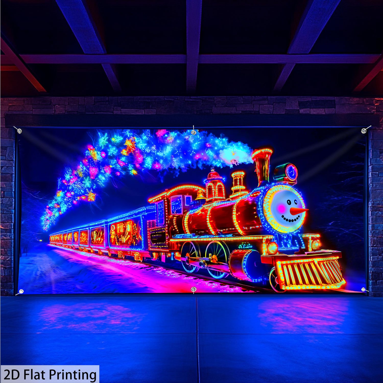 TEMU Decoración de Tren Romántico de Navidad 2D Súper Grande que Luz UV - de Material Fluorescente de Poliéster para Puertas de Garaje, a Negra ,