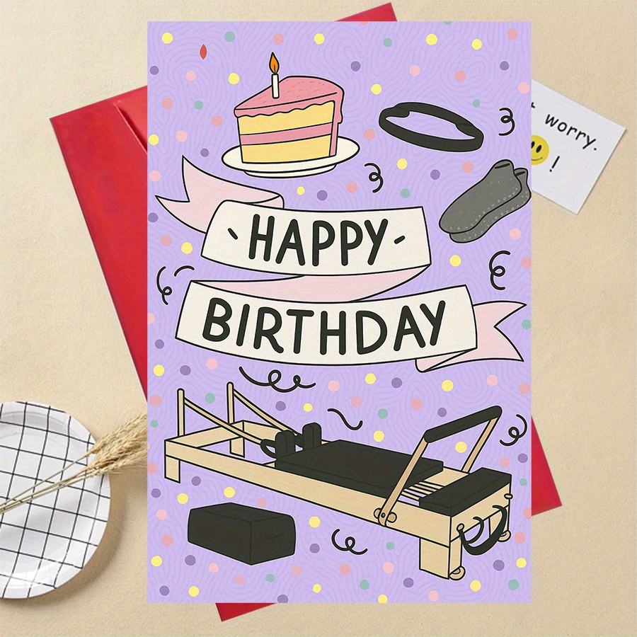 TEMU A Fun Gift: A Birthday Card For Pilates Enthusiasts, Featuring Images Of Cakes And Pilates Equipment, Designed Specifically For Fitness Lovers