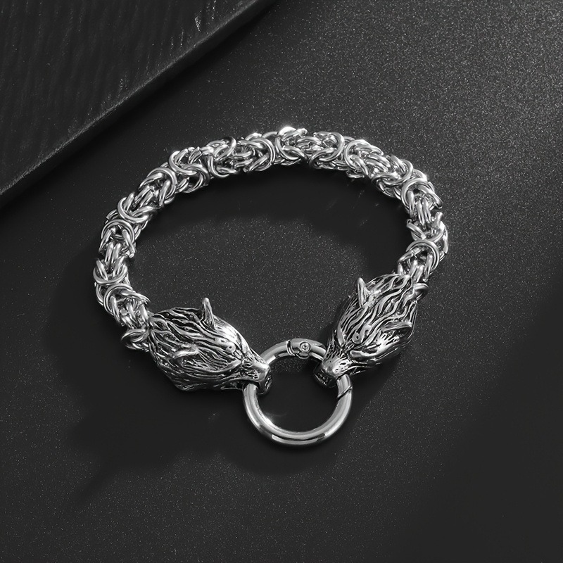 Men's Double Wolf Head Stainless Steel Bracelet, Retro Style