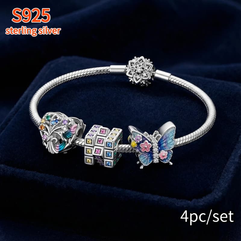4pcs Of 925 Sterling Silver Colorful Love, Colorful Cube, Charm Beads Women's Fashion Suitable Diy Bracelet Necklace Engagement Birthday Gift
