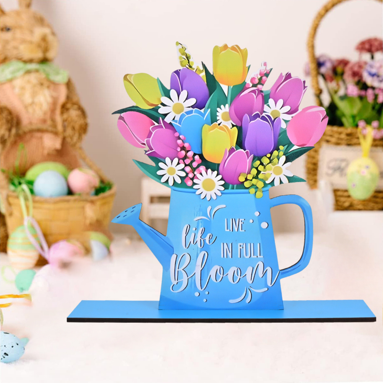 

Spring & Easter Wooden Decor Sign - Tulips & Daisies, Home, Living Room, Or Garden Party - Ideal Anniversary Gift For Couples, Live , Stitching, Table Decorations Supplies, Art Craft Ornament