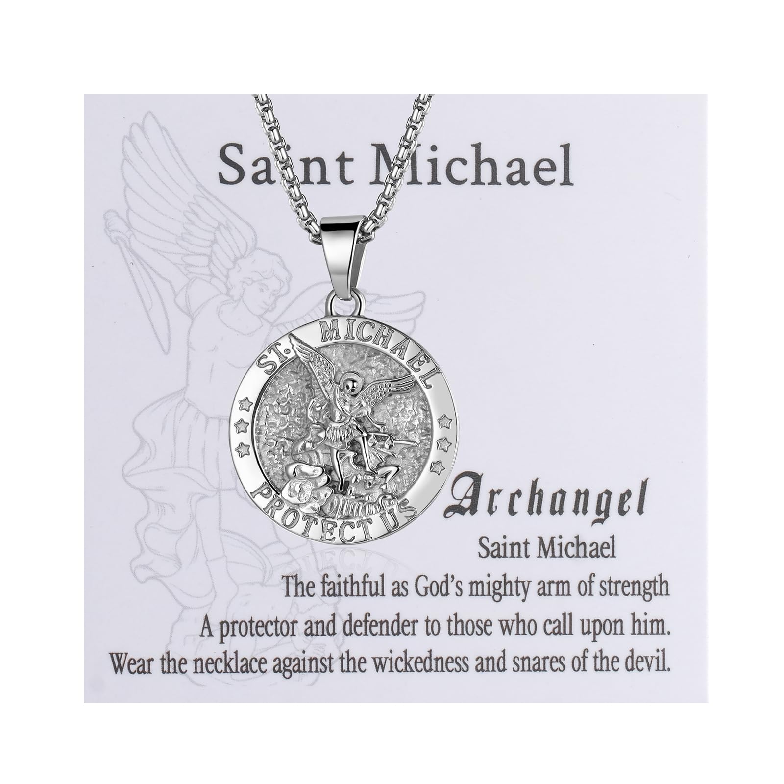 Image of Jewelrywe Men's 316l 316l Stainless Steel Necklace Religious Faith Archangel Saint Michael Amulet Pendant Wheat Ear Chain Necklace With Card