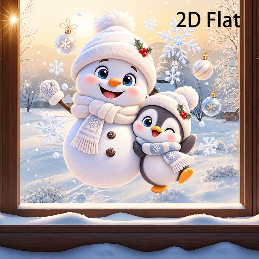TEMU Autocollant de fenêtre plat 2D - 2D Plat - 2D Plat de neige et , écharpe en bleu et blanc, autocollant motif de neige hivernale, film de fenêtre
