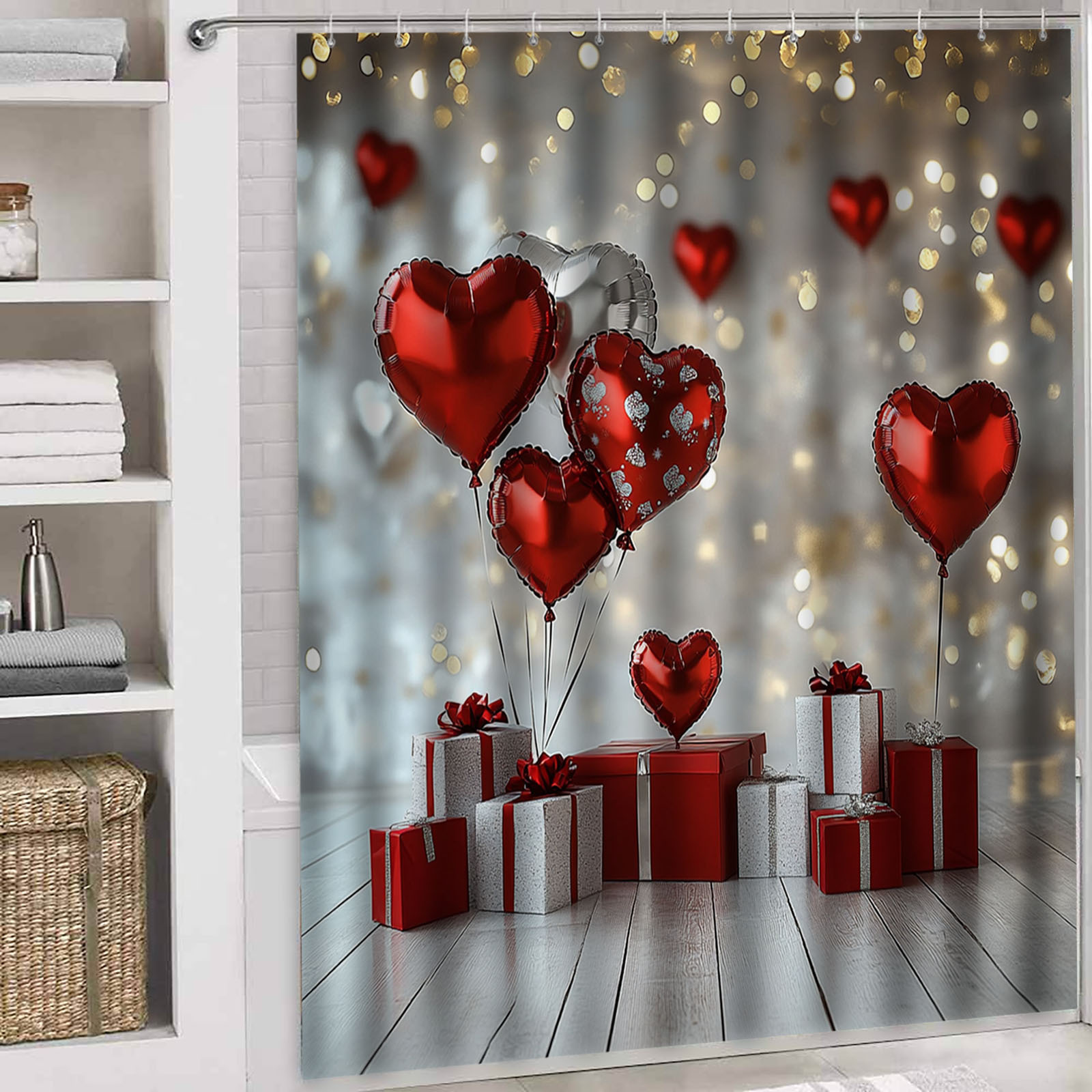 

1pc 's Day Shower Curtain, 31.5x70.8inch - Waterproof Polyester With Heart Balloons & Gifts Design, Easy-clean & Machine Washable, Includes Hooks - Ideal For Bathroom, Bedroom, Living Room Decor