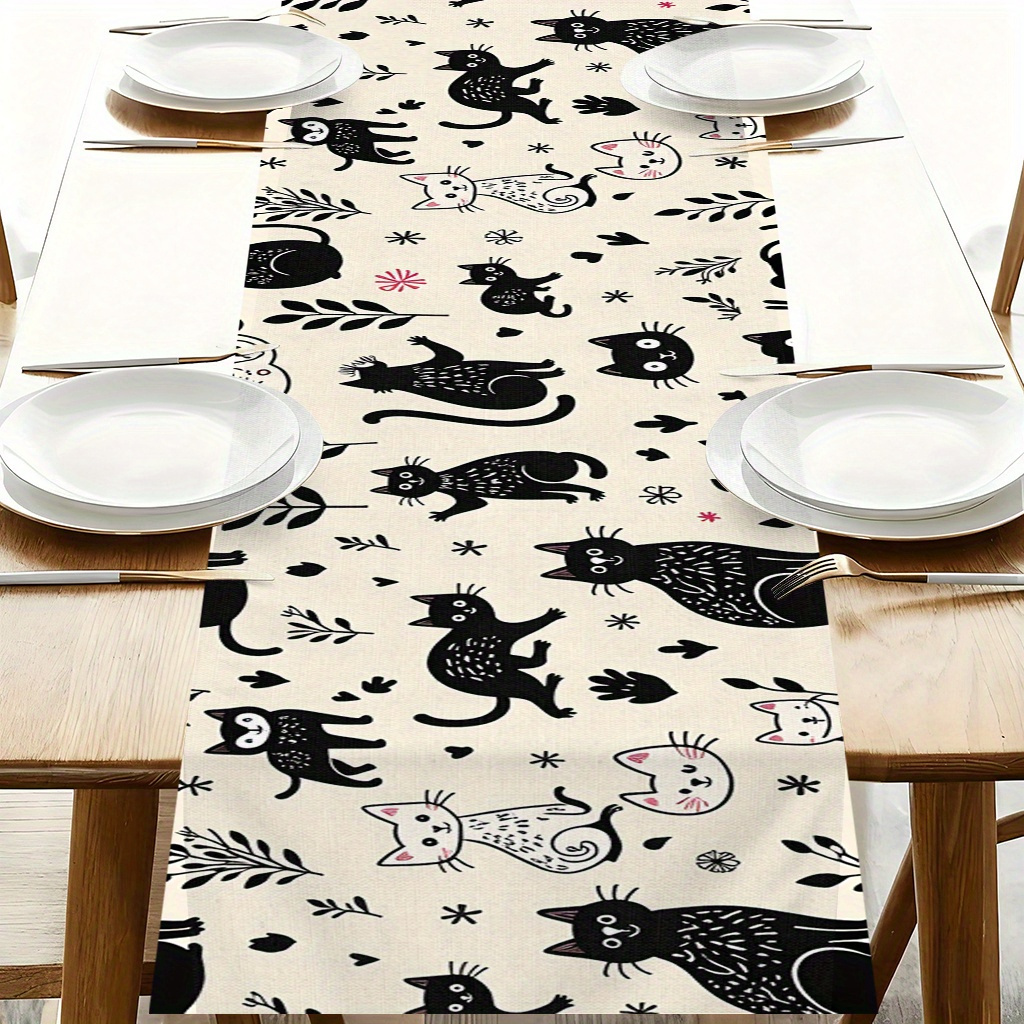 TEMU 1pc 2d Flat Tablecloth, Cat And Plant Pattern, Holiday Decoration Tablecloth, Polyester Fiber, Rectangular Table Runner, Suitable For Weddings