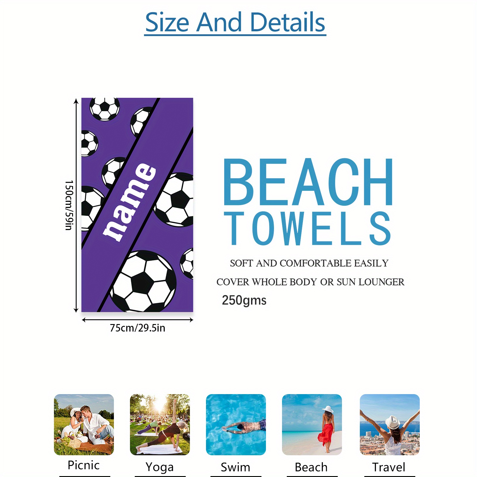 TEMU 1pc Custom Name Beach Towel, Personalized Towel, Soccer Personalized Beach Towel, Towel With Name, Birthday Gift, Colorful Towel, Custom Beach