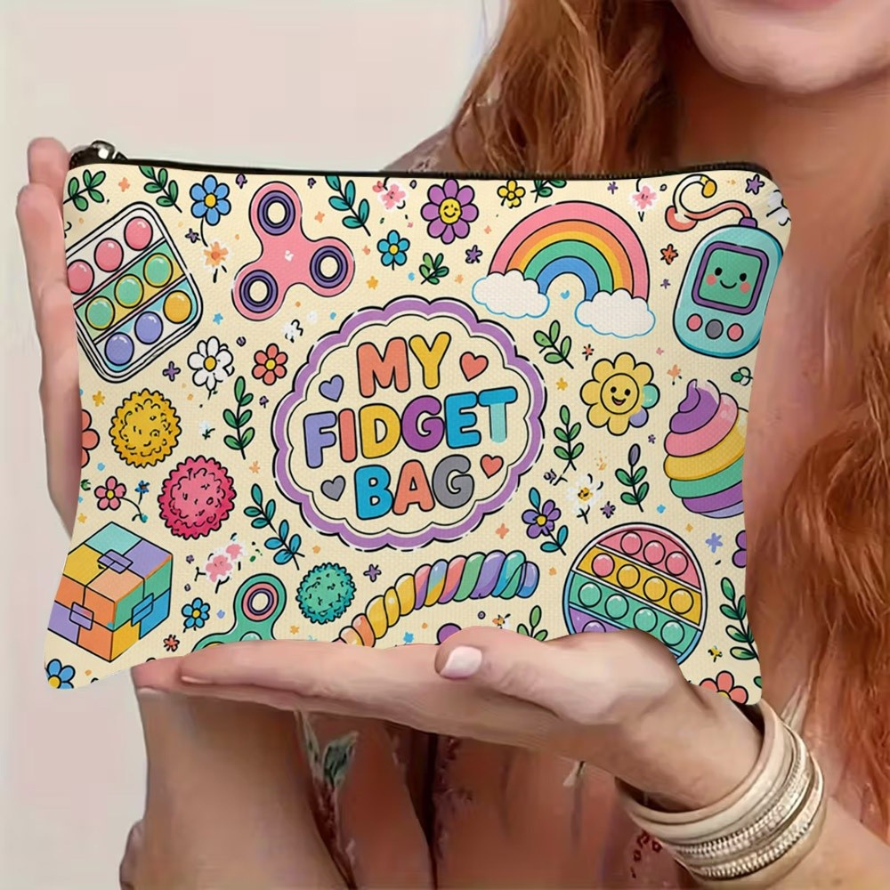 TEMU 1pc 1pcs Fidget Toy Print Cosmetic Bag Suitable For Daily Use & Travel, Durable Polyester Zipper Closure Toiletry With Fidget, Portable Storage
