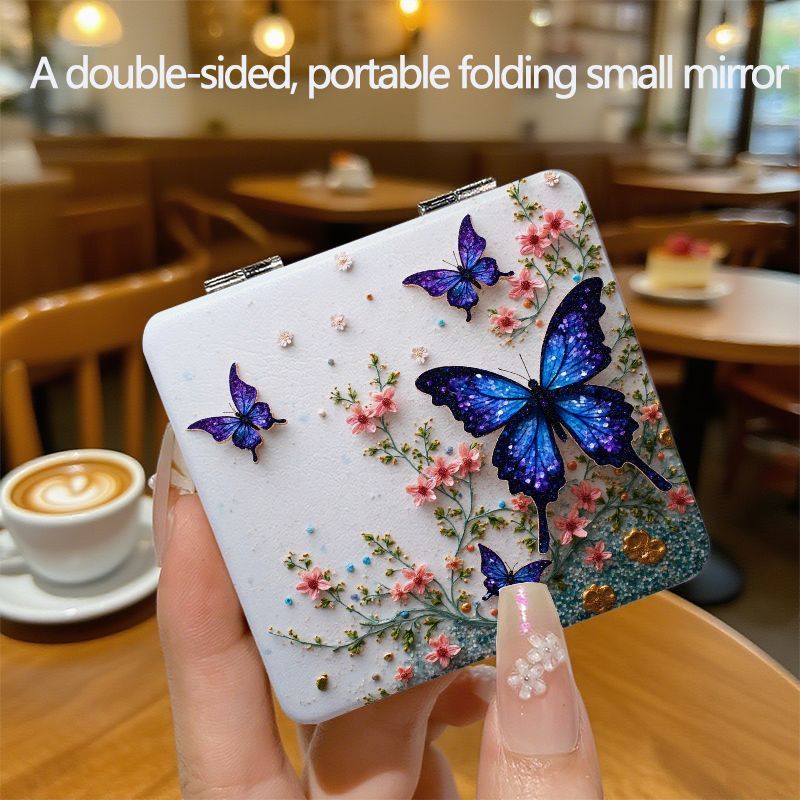 TEMU Elegant Floral Easy Portable Small Mirror Round Western Style Makeup Mirror Portable Mini Handheld Mirror Student Use Cute Cartoon Girl