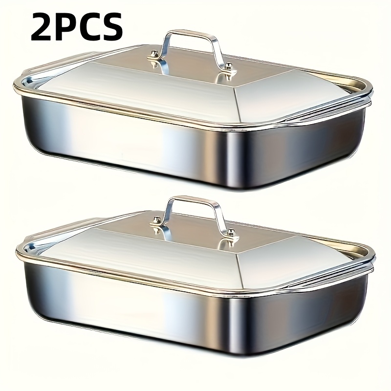 TEMU 2pcs Deep Dish And Stainless Steel Rectangular Baking Pan With Lid (including Metal Lid) - Capacity 1.59 Gallons, Deep Baking Pan 16.14 Inches,