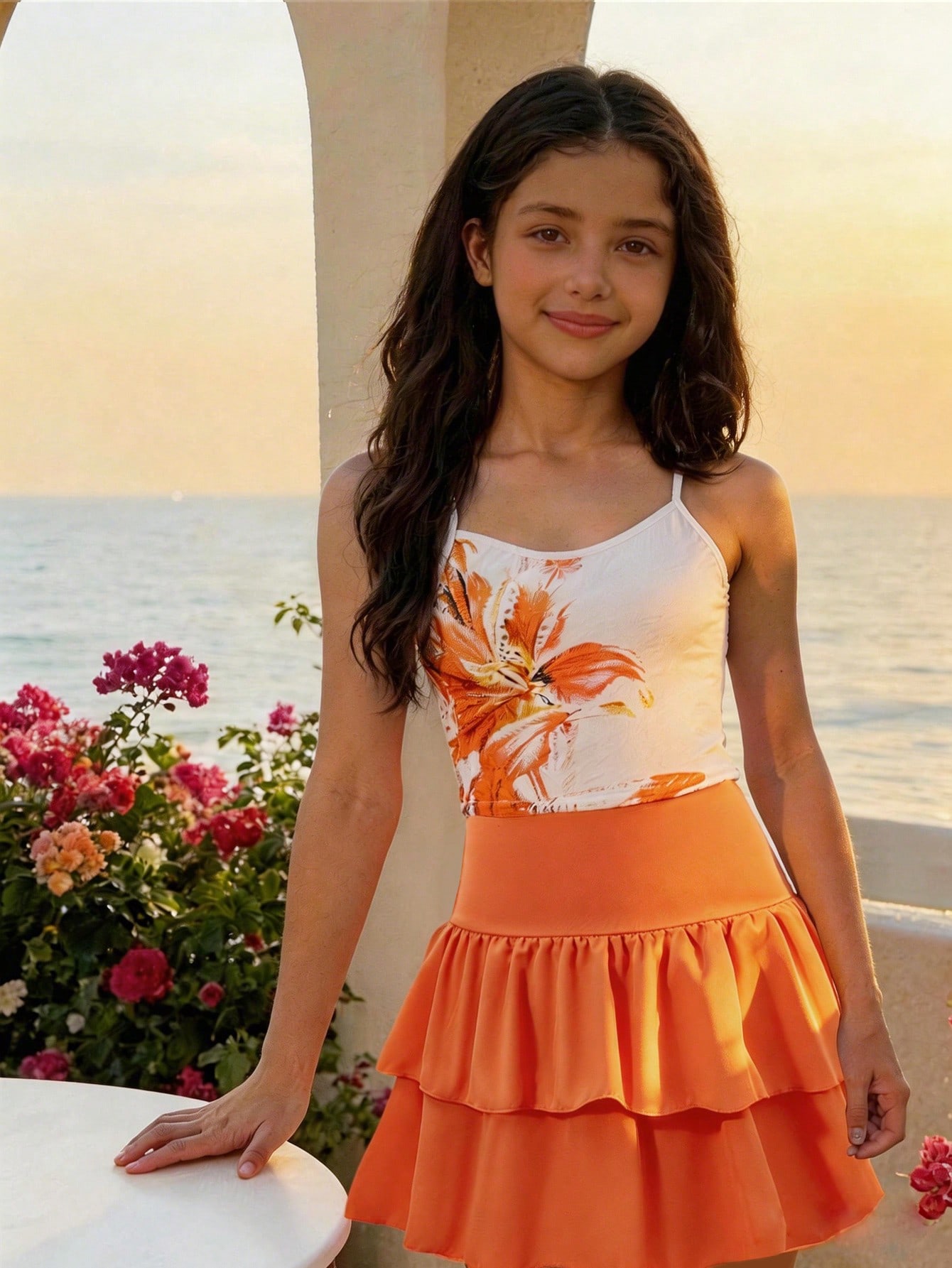 Conjunto de Top Cami Floral Casual e Saia Cake para Meninas 2