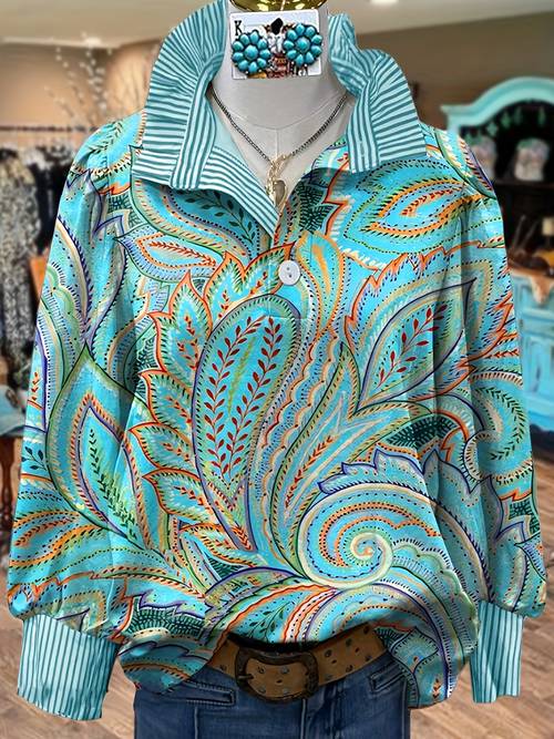 bohemian style turquoise floral print striped top