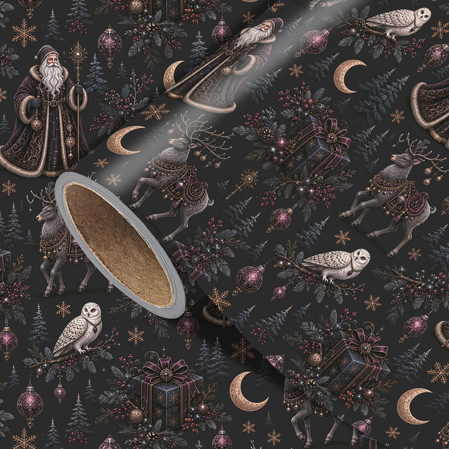 TEMU Gothic Christmas Wrapping Paper Roll - Measures 17.7 Inches × 118 Inches, Owl Reindeer Moon Pattern, Perfect For Wrapping Xmas Gifts, Making