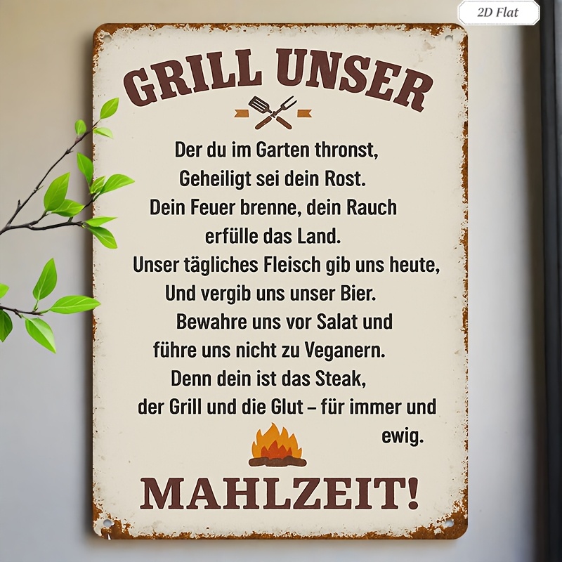 Image of 2d Flat, 2d Flat, 1pc German Poem Metal Sign "grill Unser" - Vintage Bbq Grill Shed Decoration, Retro Outdoor Sign Suitable For Backyard, Kitchen, German Language Poem, 8x12 Inch