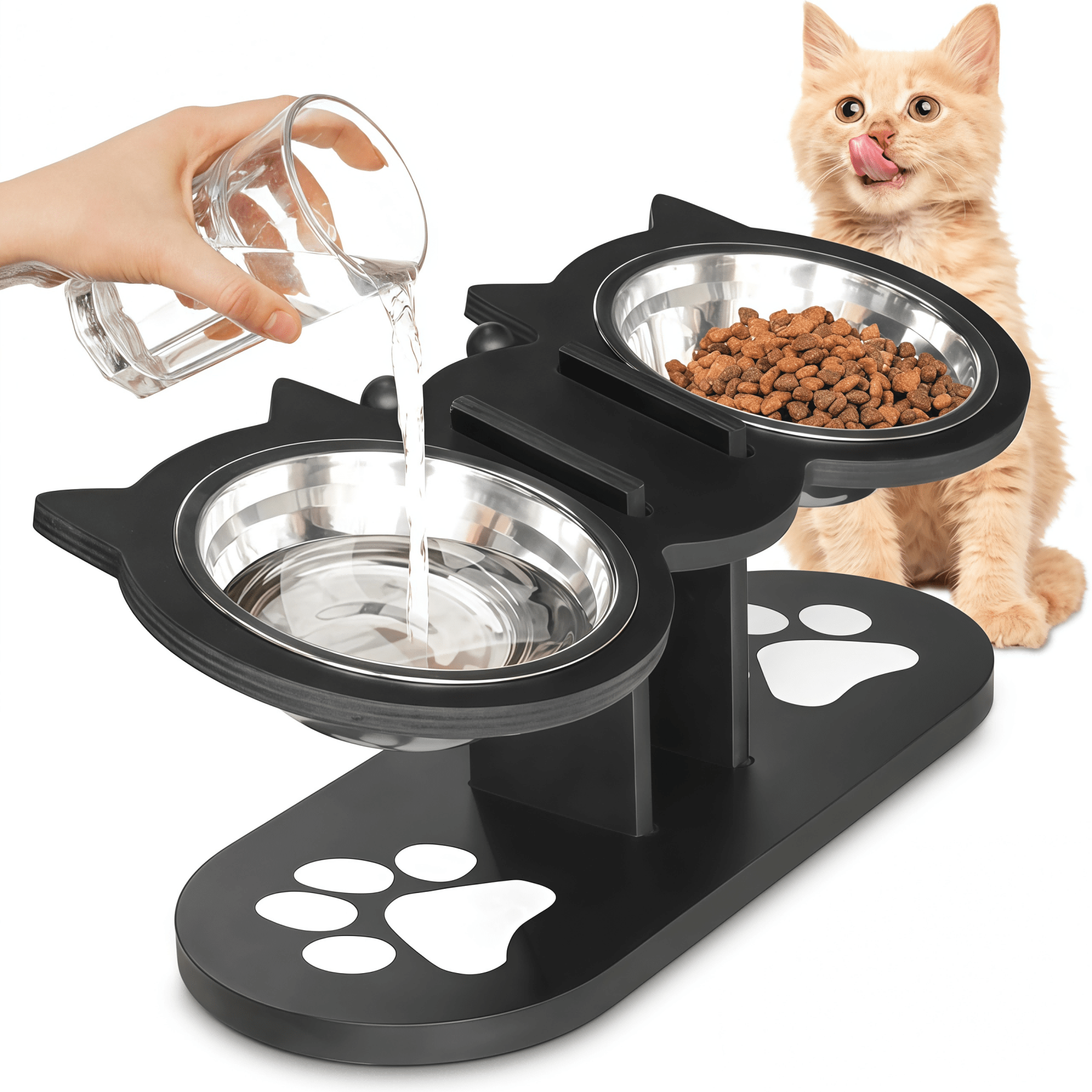 TEMU 2/3-bowl Elevated Cat Feeder, 15° Tilted Height-adjustable Wooden Feeding Stand With Stainless Steel Food And Water Bowls, Raised Pet Dining