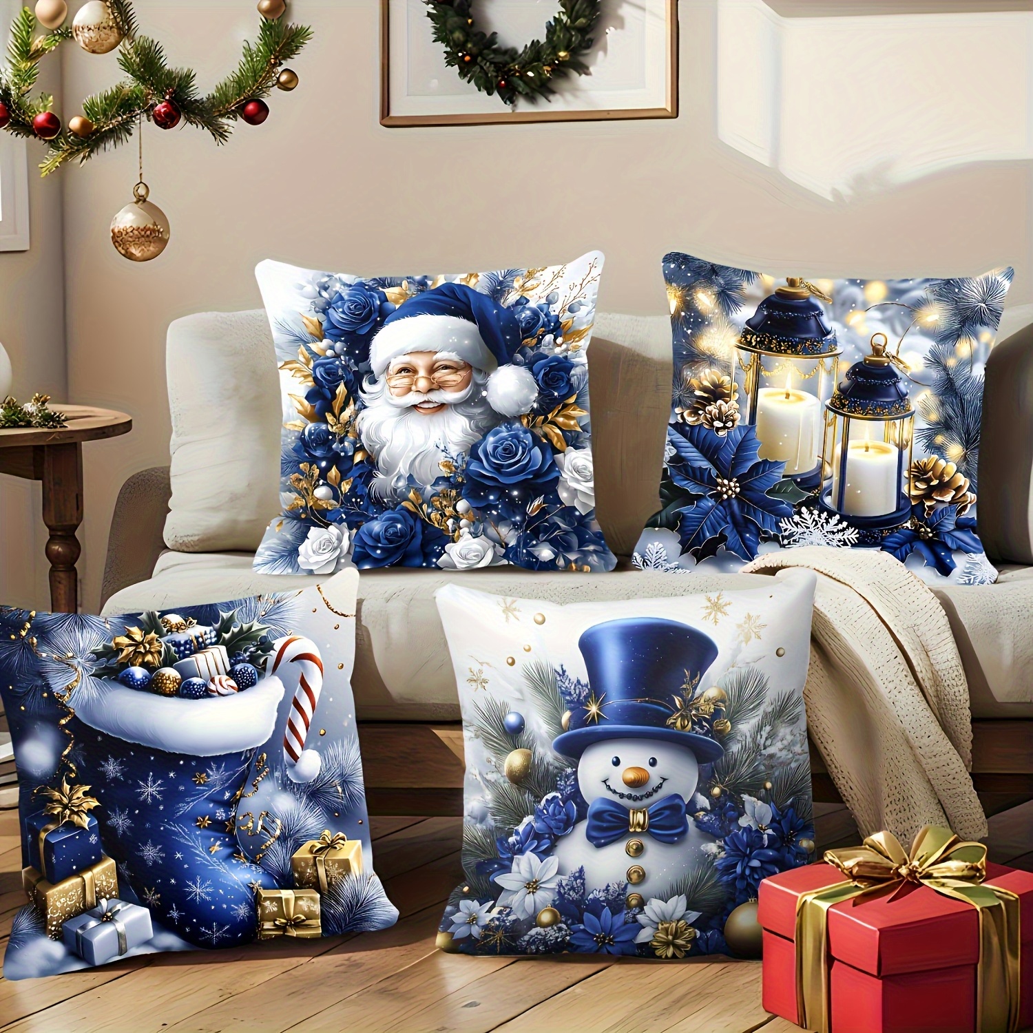 TEMU A Set Of 4 Christmas Pillow Covers In , Featuring Holiday Trees And Reindeer, Machine Washable, 18x18 Inches, With Zippers - Home, Car, Bedroom, Sofa, And Office Decor.