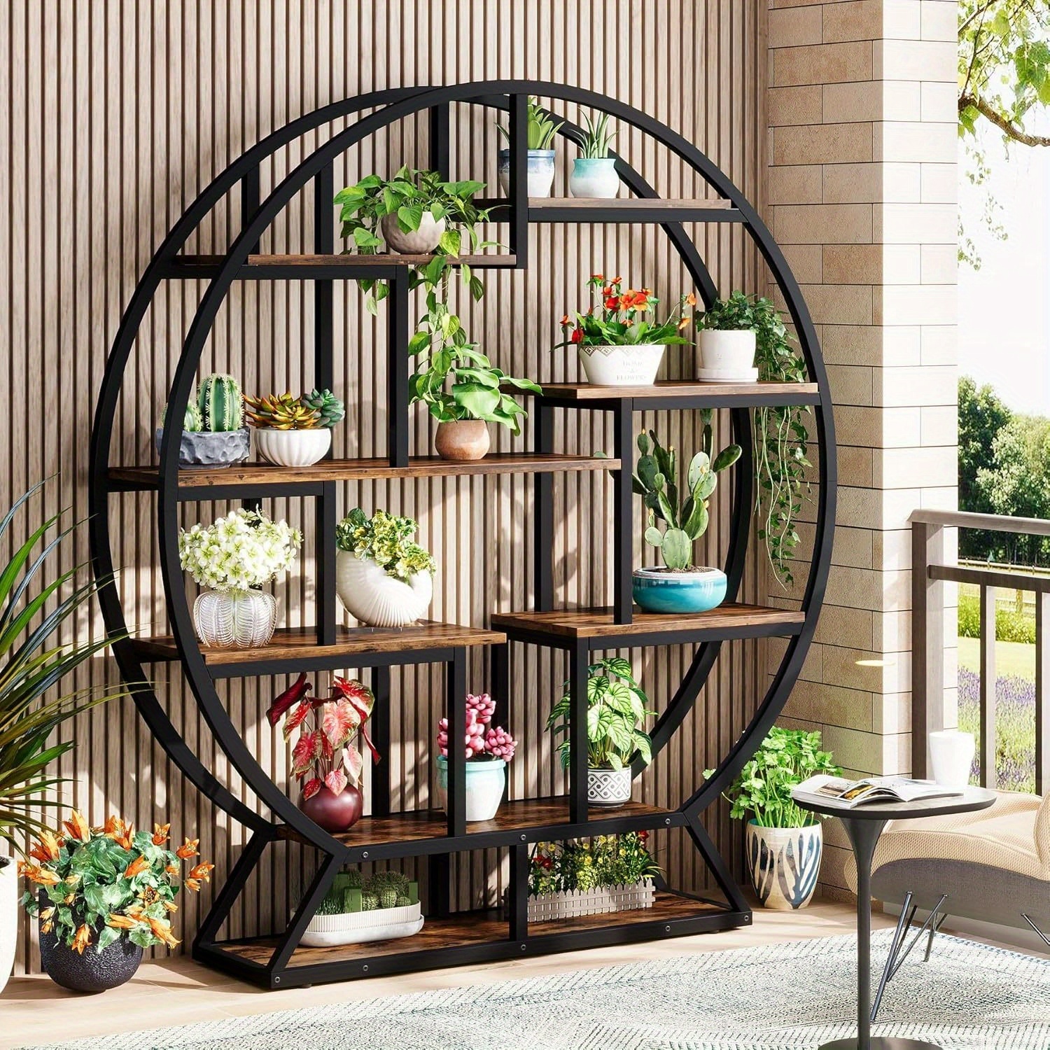 Image of A 63-inch Modern Wooden Bookshelf Featuring Round Designs And Staggered Shelves, Perfect For Organizing And Displaying Items In Your For Home Office Or Outdoor Space