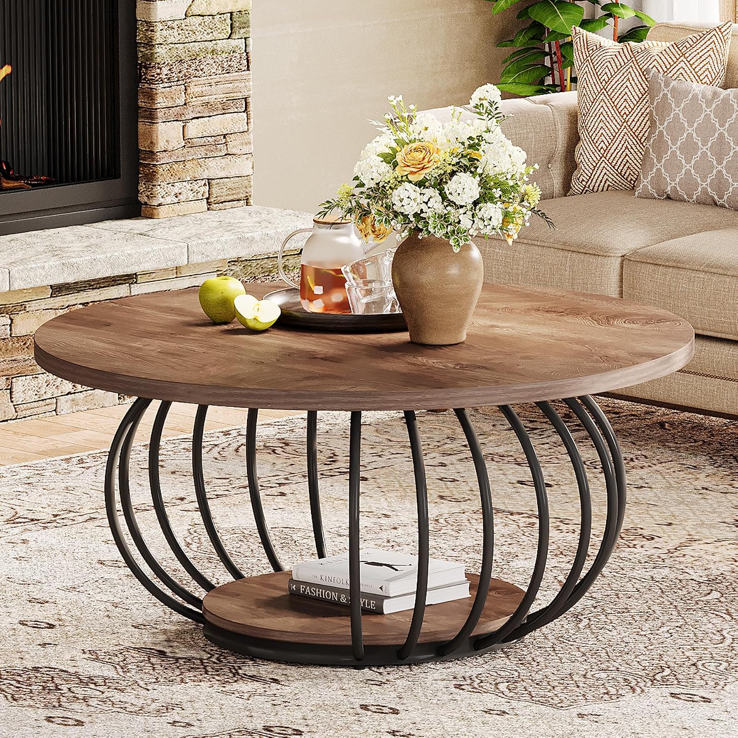 X 46cm Round Coffee Table With Storage, 2-tier Design With Metal Frame, Wood Grain Finish, Modern Center Table For Living Room