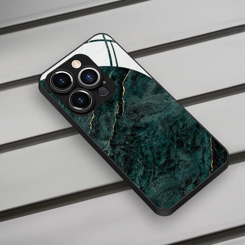 TEMU Phone Case - A Sleek Black Marble Glass Case Designed For Iphone, Featuring A Minimalist And Creative