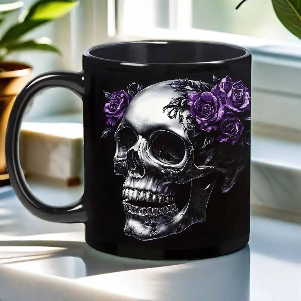 TEMU 1 Gothic Style Black Ceramic Cup With Purple Rose And Design - Large White And Purple Rose Coffee Tea Cup, Heat Resistant, Dishwasher Safe,