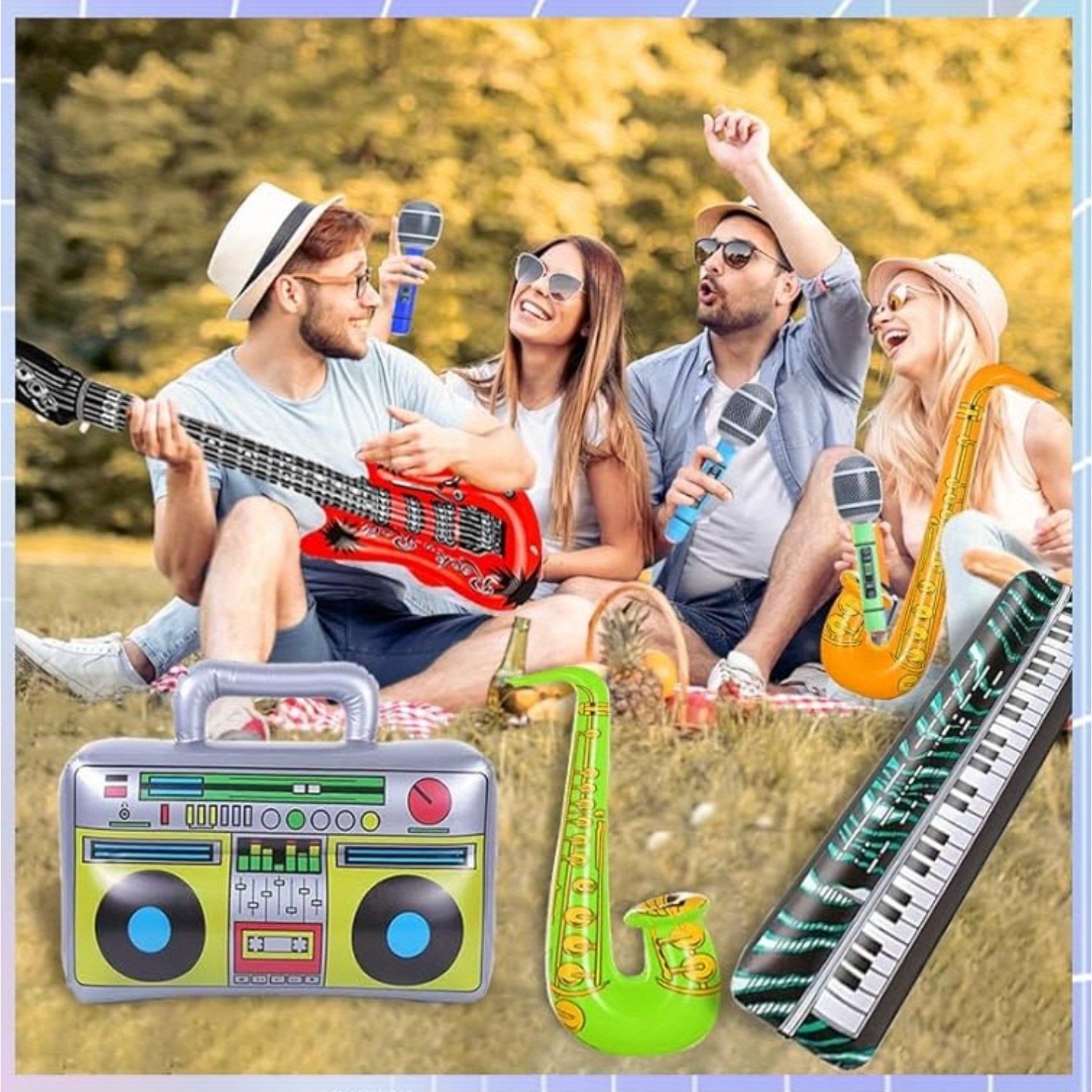 

Retro 80s & 90s Party : Inflatable Guitar, Saxophone & Microphone Balloons - Pool Parties & Disco-themed Events, Reusable & Portable Photo Booth Props