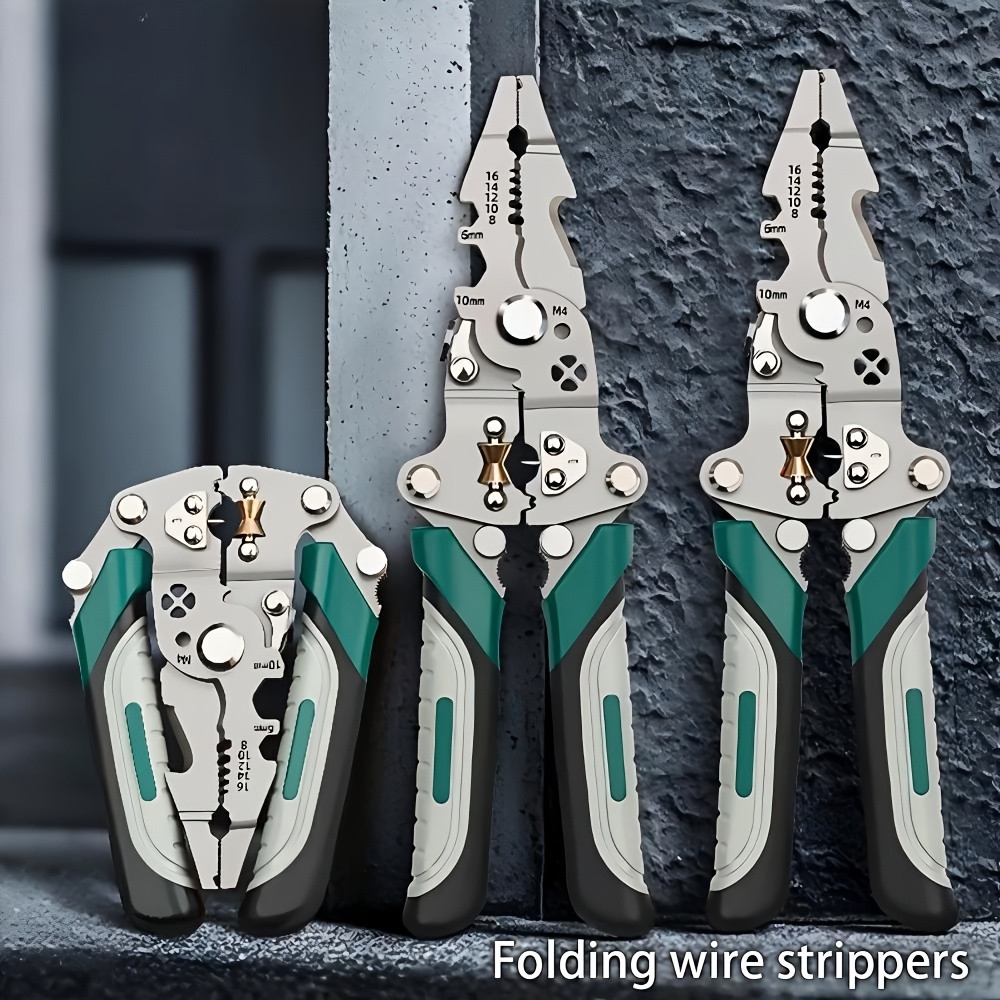 multi functional wire stripping pliers foldable design for electrical plumbing crimping cutting twisting durable metal tool for multiple purposes