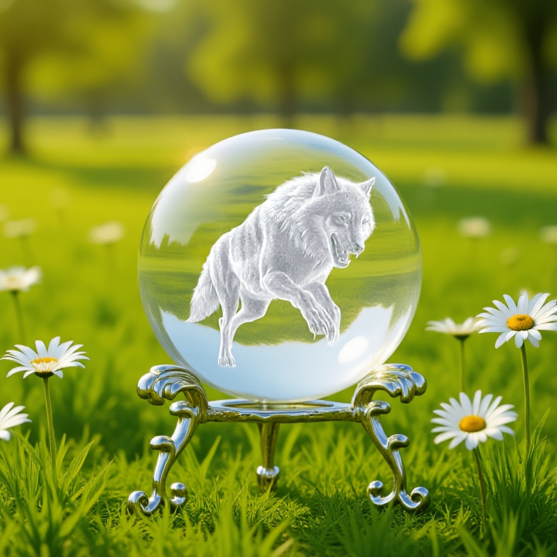 TEMU Crystal Ball With 3d Engraved Wolf Design, Glass Sphere With Metal Stand, Wildlife Home Office Decor, Novelty Gift For , Birthday