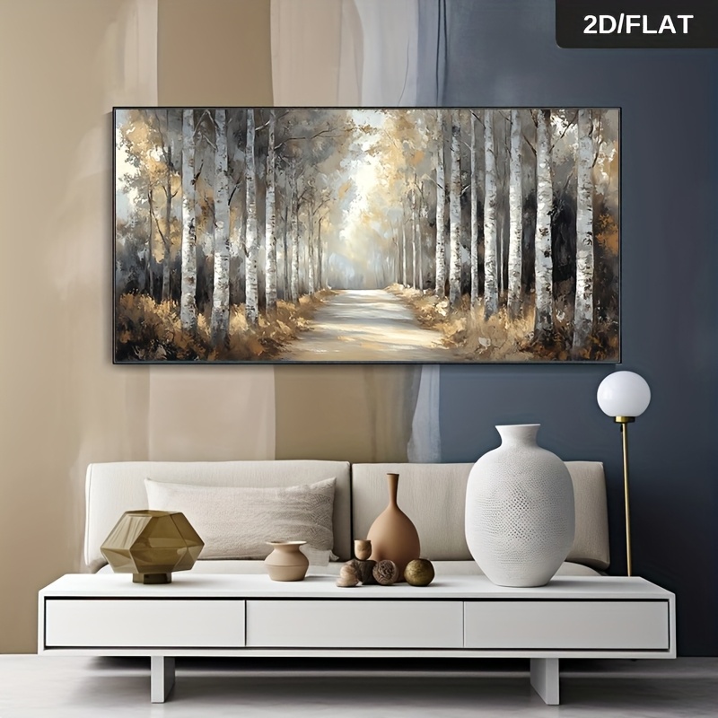 TEMU 2d Flat, 1pc Large Modern Abstract Birch Forest Canvas Painting - Oversized Frameless Suitable For Living Room,, Minimalist Scandinavian Retro,