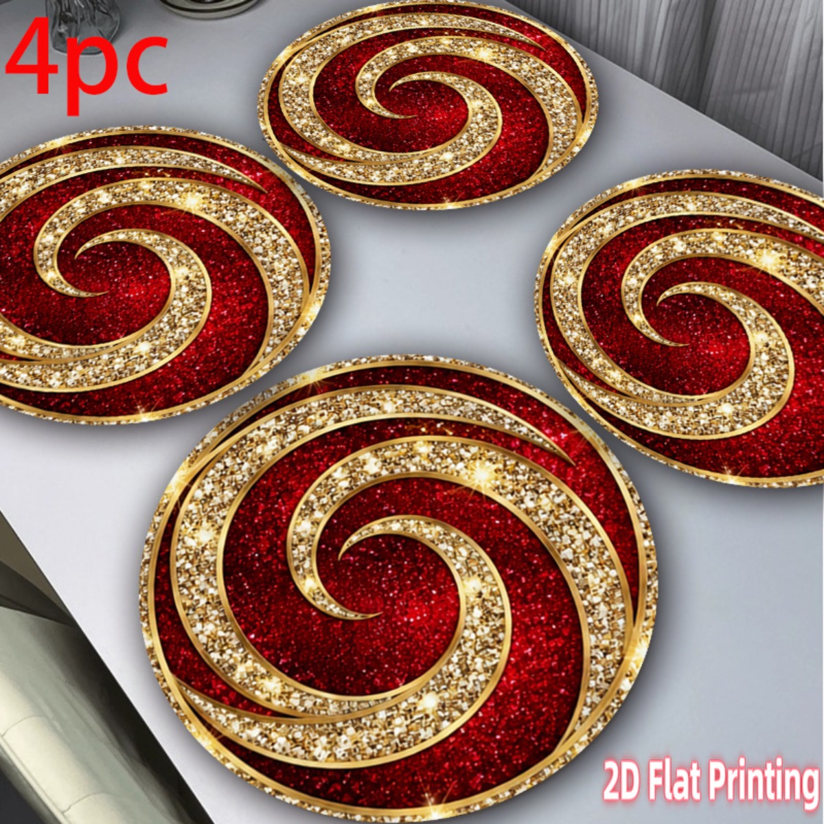 TEMU 4pcs Set Of 2d Flat Glitter Spiral Red And Golden Pattern Round Placemats, Suitable For Parties, Christmas Table Decorations, Elegant Spiral
