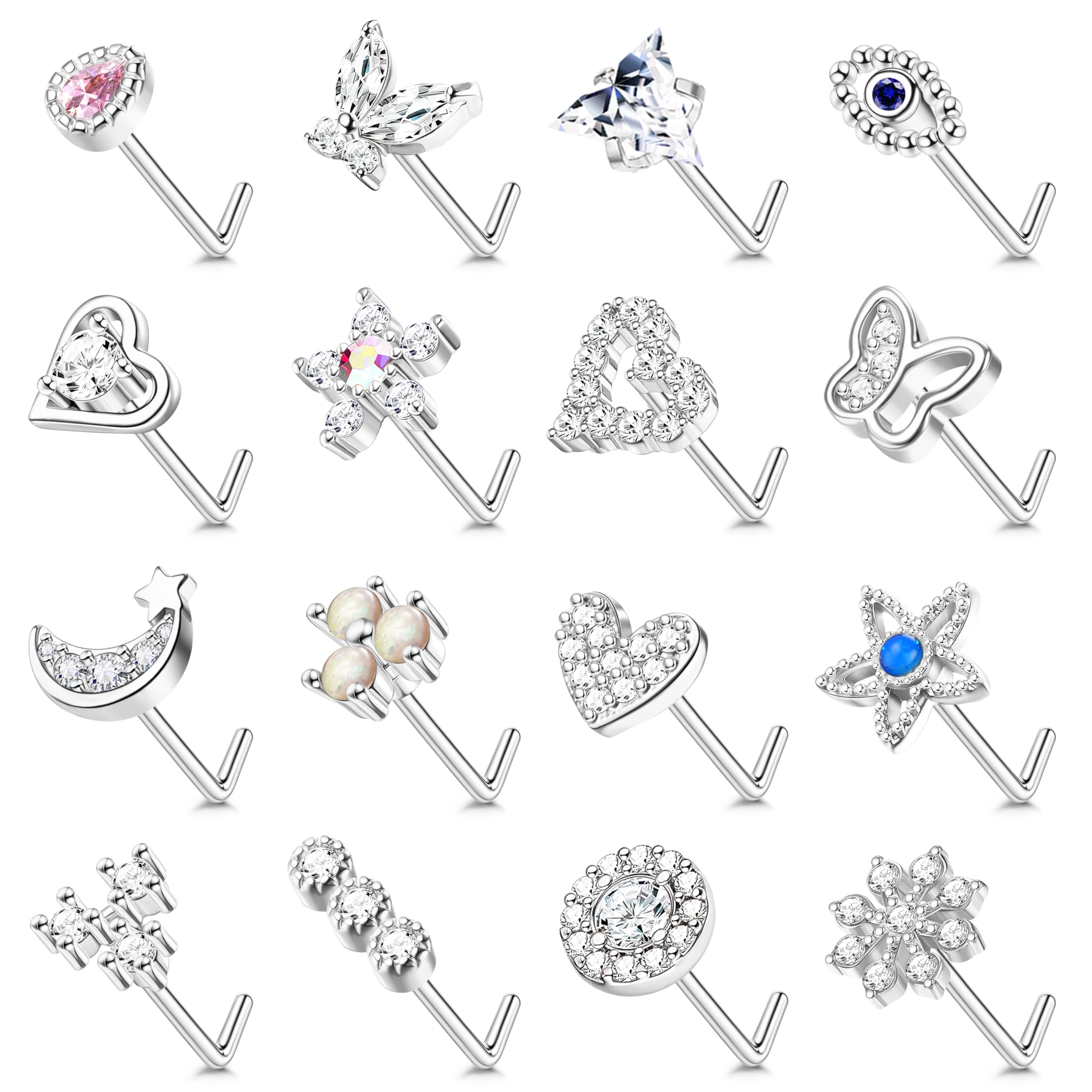 Image of 16pcs Nose Rings Studs For Women - 20g Surgical Steel Nose Ring L Shaped Nose Piercing Jewelry Hypoallergenic Heart Nose Studs