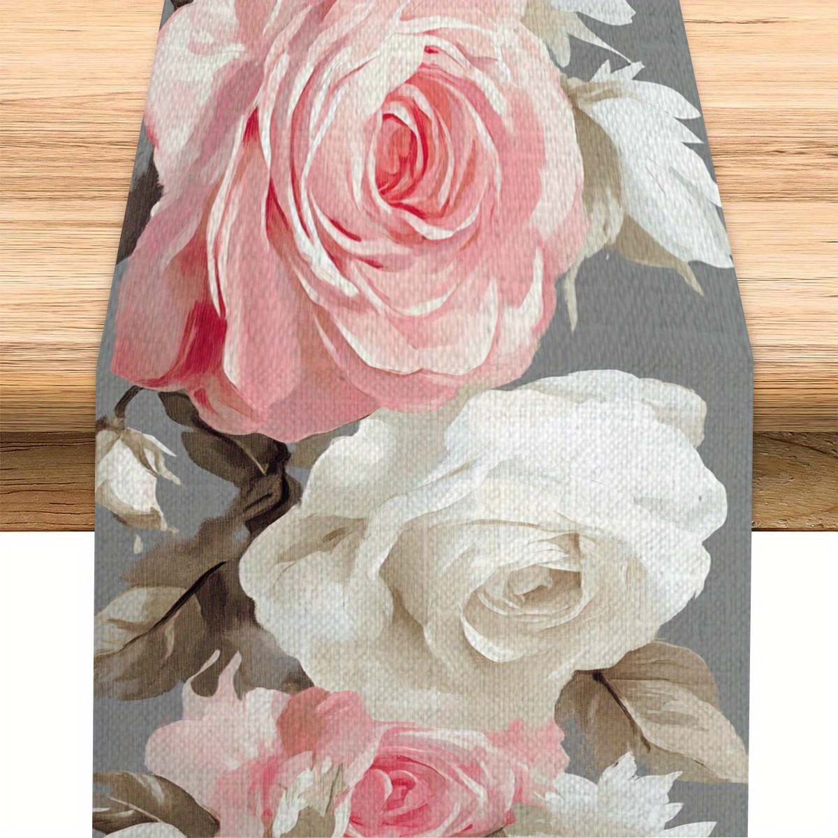 

White & Pink Rose Table Runner - Dining, Coffee Tables | Polyester, Square Shape | Ideal For Kitchen & Restaurant Decor