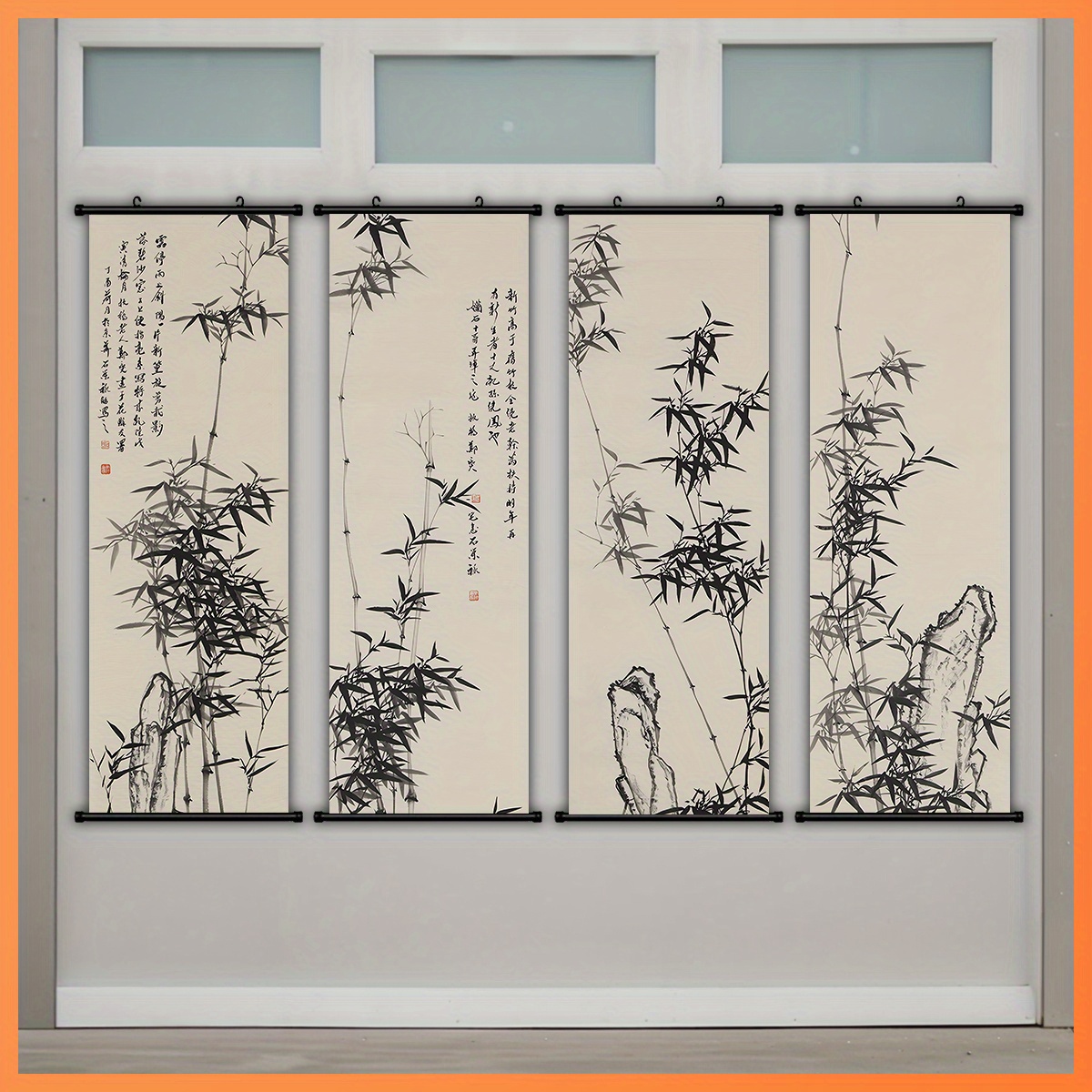 TEMU 2d Flat, 2d Flat, - Theme Scrolls 4pcs Set, Chinese Character Art, Ink Painting Art, Gift, Suitable For Living Room, Bedroom, Office, Hallway