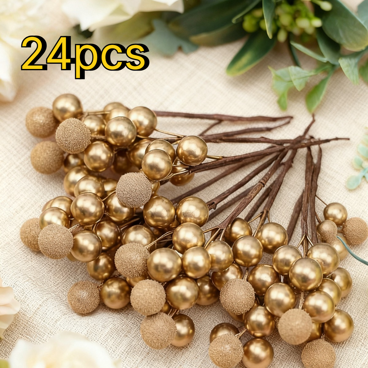 TEMU 24pcs Shiny Golden Artificial Berry Picks, Waxberry Branches, Decorative Stem Ornaments For Christmas Tree, Wreath, Garland, Vase Arrangement &