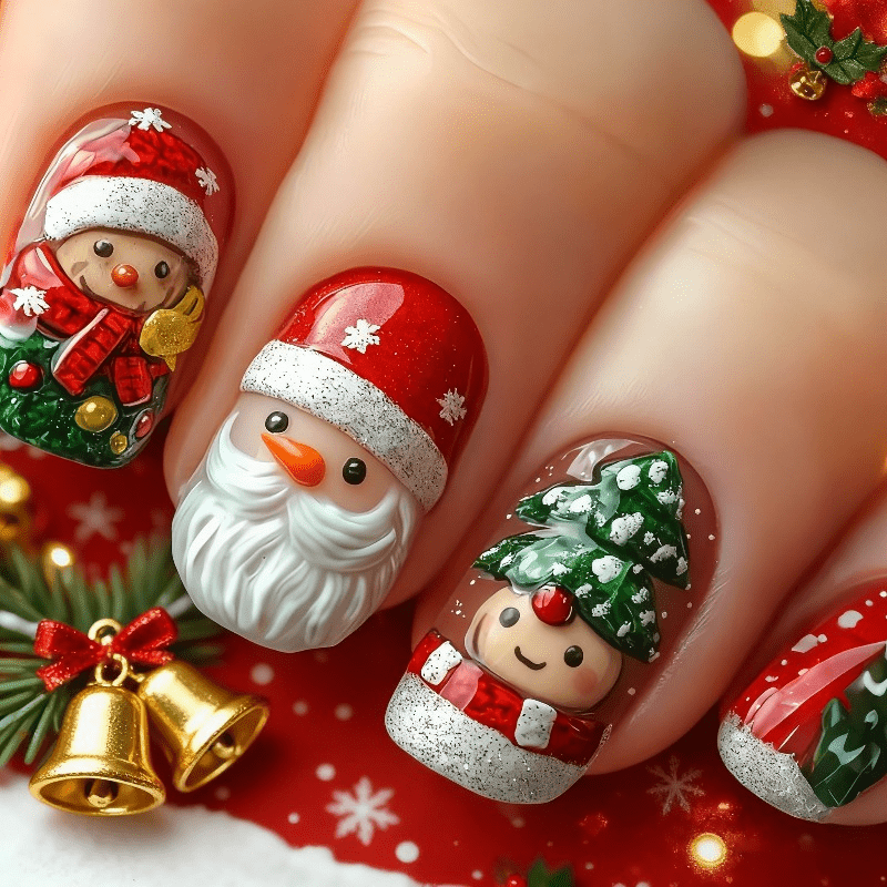 TEMU 47pcs Christmas Press On Nails Suitable For Daily & Holiday Wear - Short Oval Wraps With 3d Santa, Elf, Tree & , Glossy Red Nude Base, Reusable