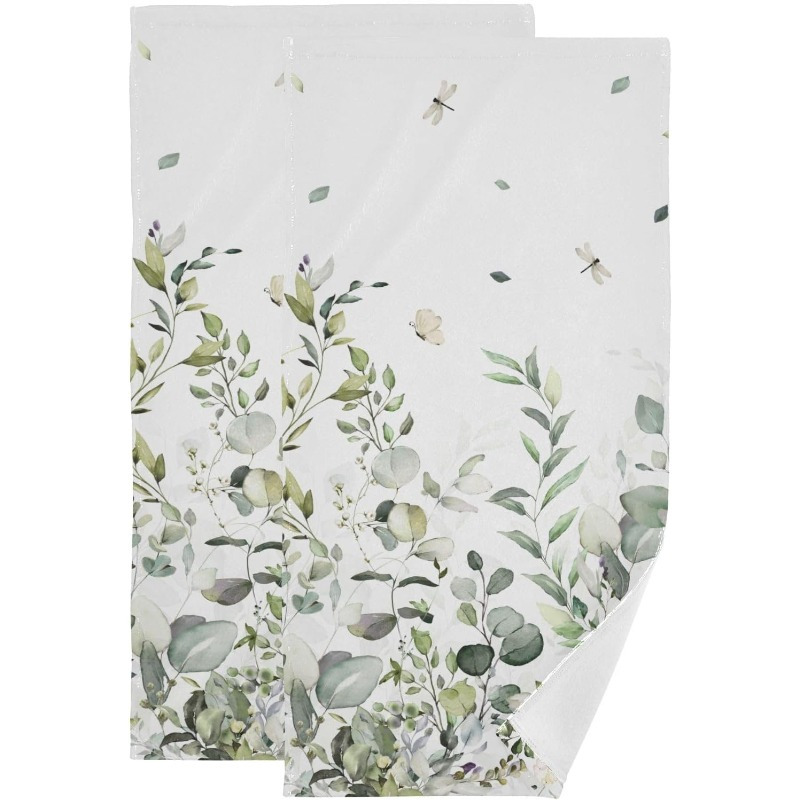 

2pcs 18*26inch Bathroom Hand Towel Eucalyptus Leaves With Dragonfly Bath Towel, Soft Absorbent Decorative Fingertip Towel, Spa Towel Kitchen Tea Towel