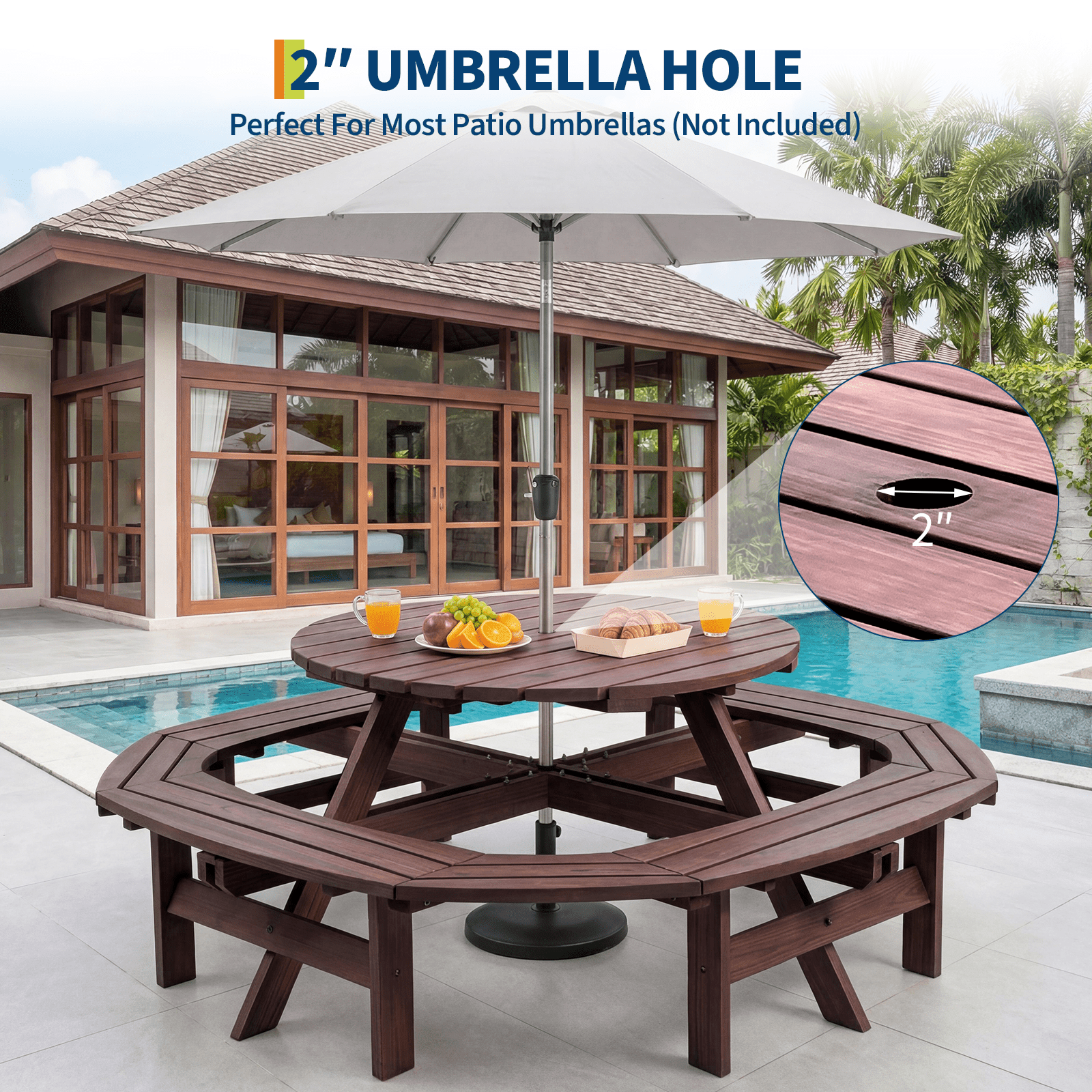 8-Person Round Wooden Picnic Table with Umbrella Hole, Wood Outdoor Dining Set with 4 Built-In Benches for Garden, Patio And Backyard